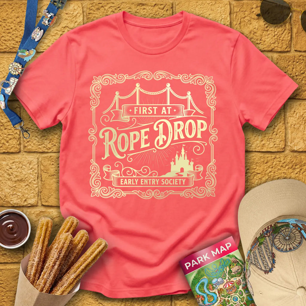 First At Rope Drop [Victorian] T-Shirt for Theme Park Fans (Coral Silk)