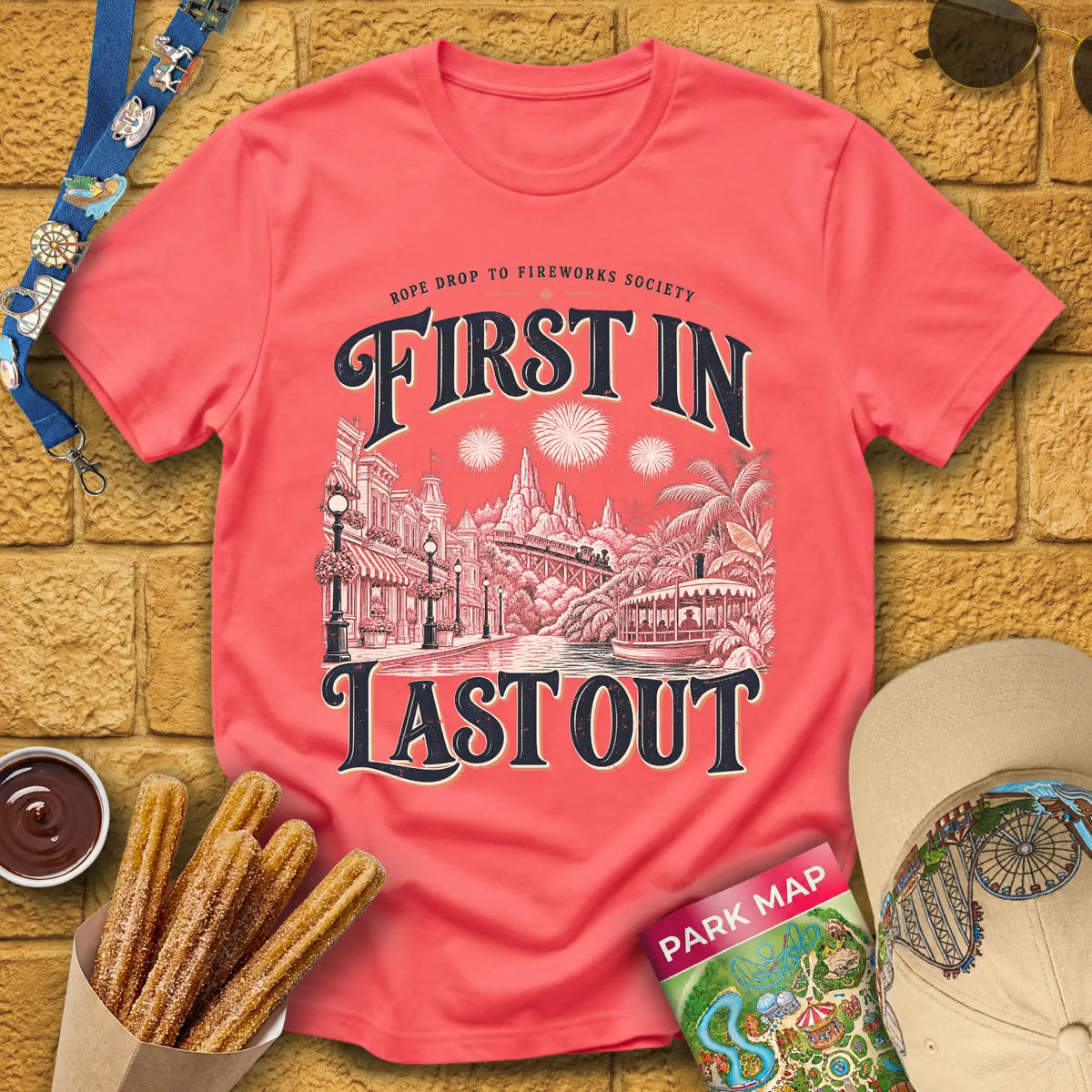 First In Last Out [Retro] T-Shirt for Theme Park Fans (Coral Silk)