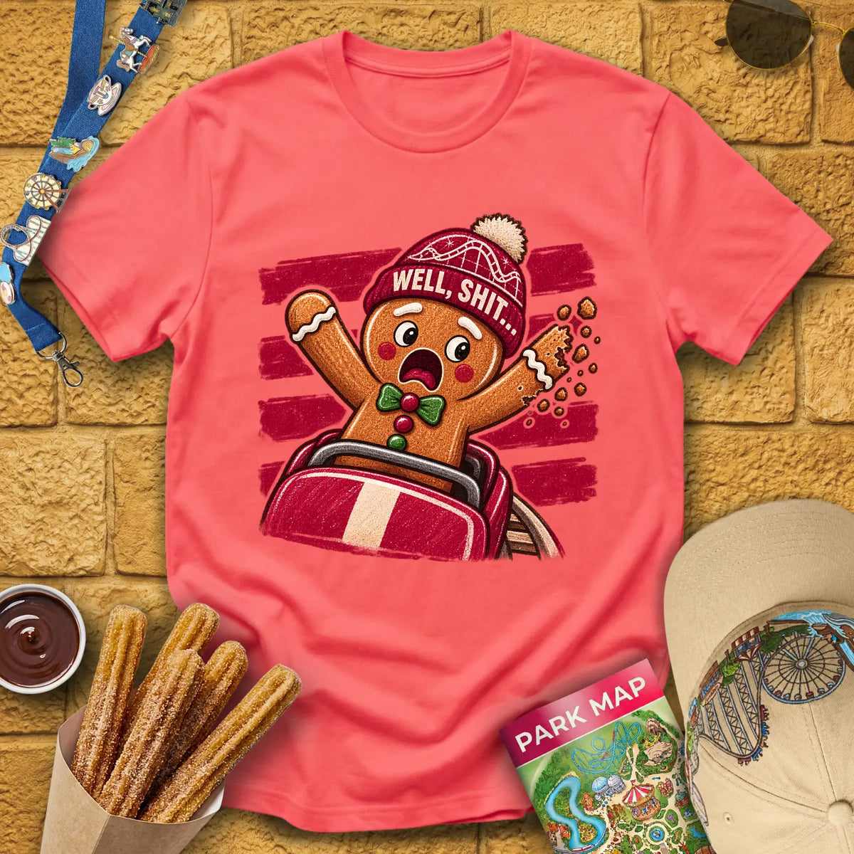 Gingerbread Man Fail [Striped] T-Shirt for Theme Park Fans (Coral Silk)