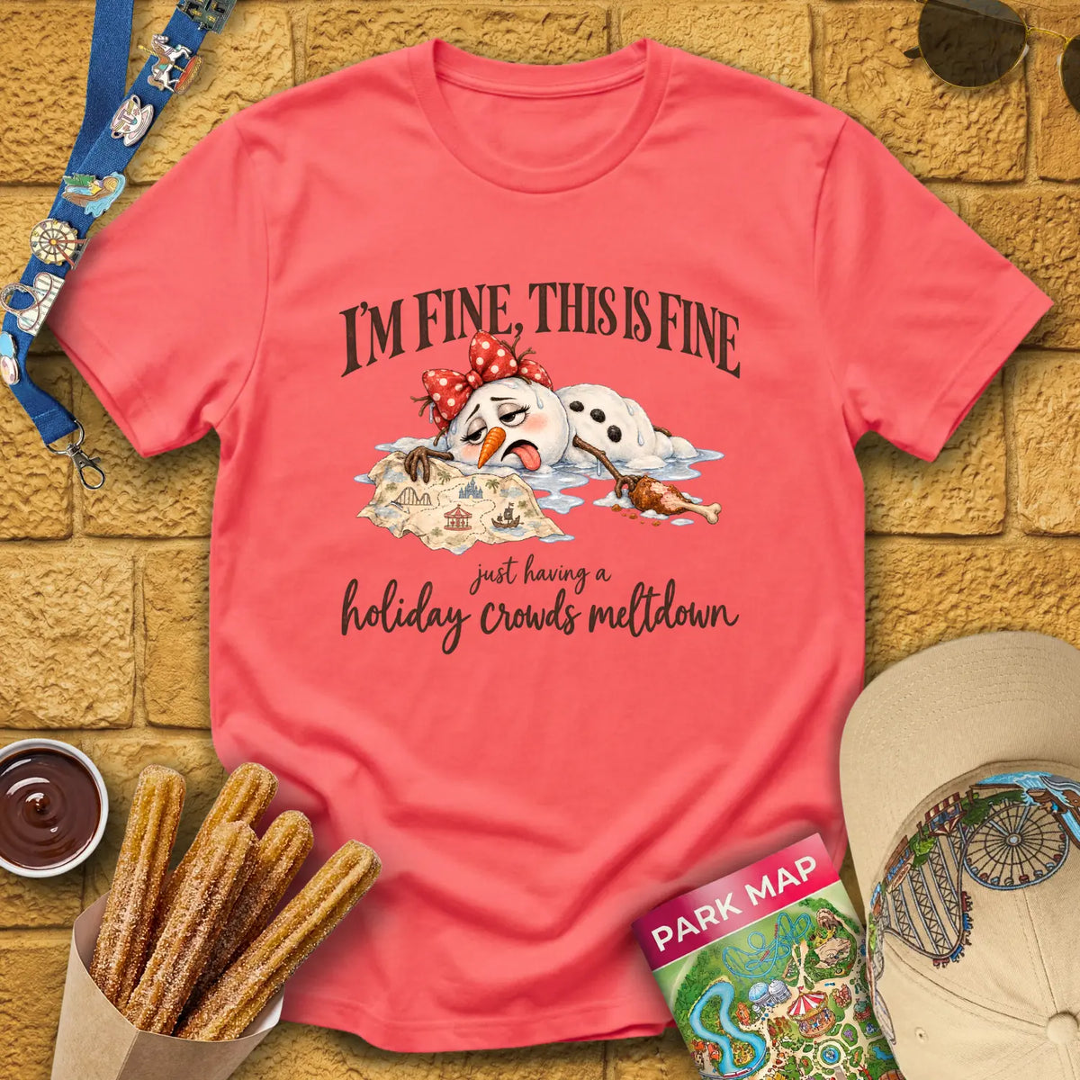 Holiday Crowds Meltdown [RetroFolk] T-Shirt for Theme Park Fans (Coral Silk)