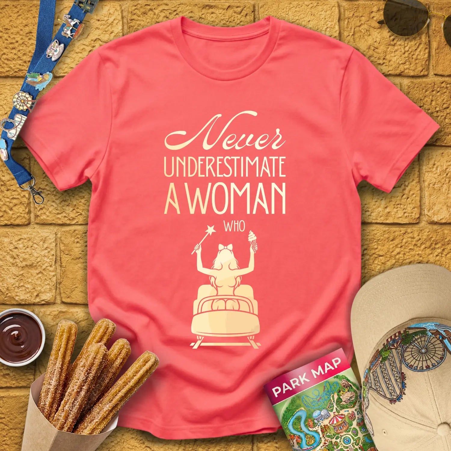 Never Underestimate [Elite] T-Shirt for Theme Park Fans (Coral Silk)