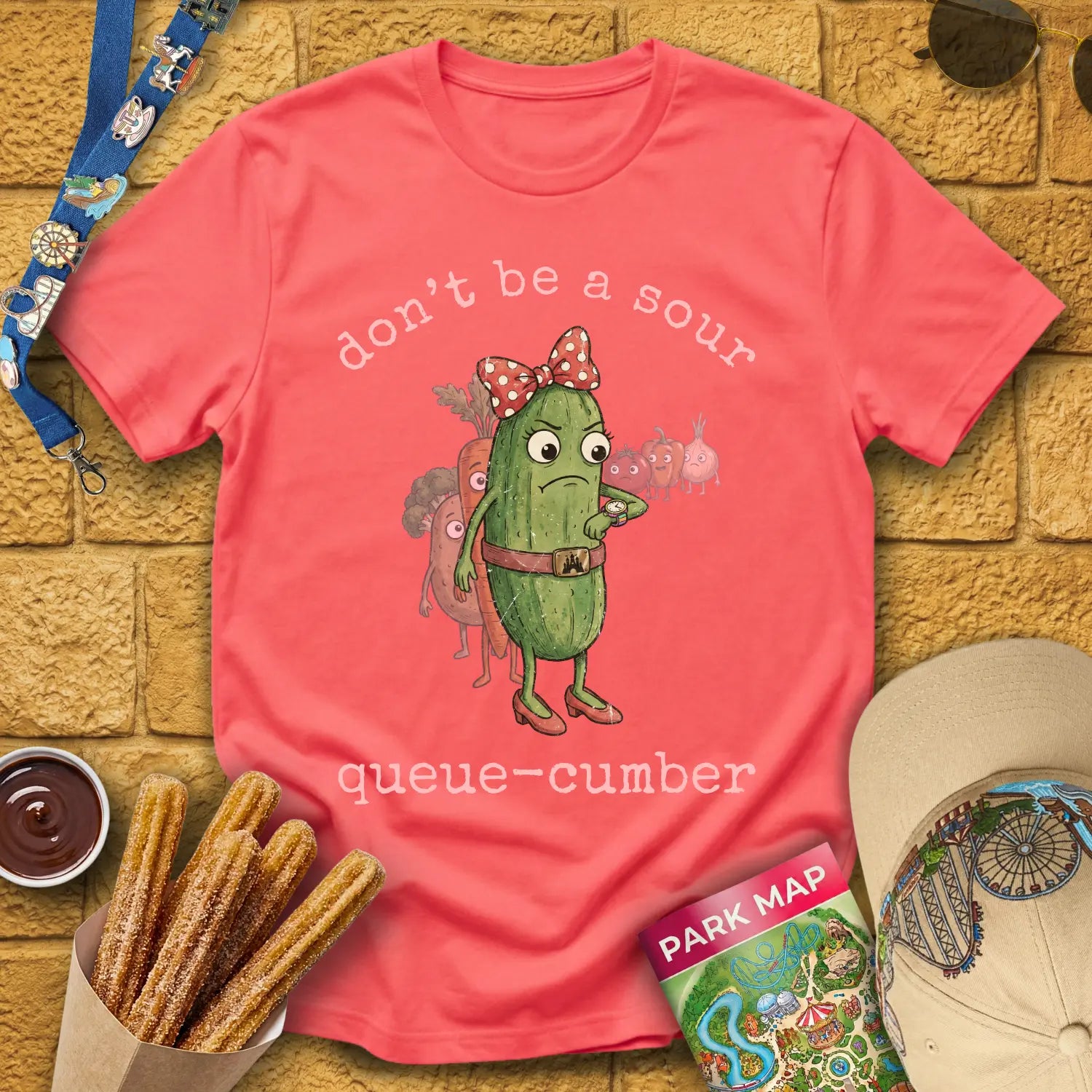 Queue-Cumber [InkPen] T-Shirt for Theme Park Fans (Coral Silk)
