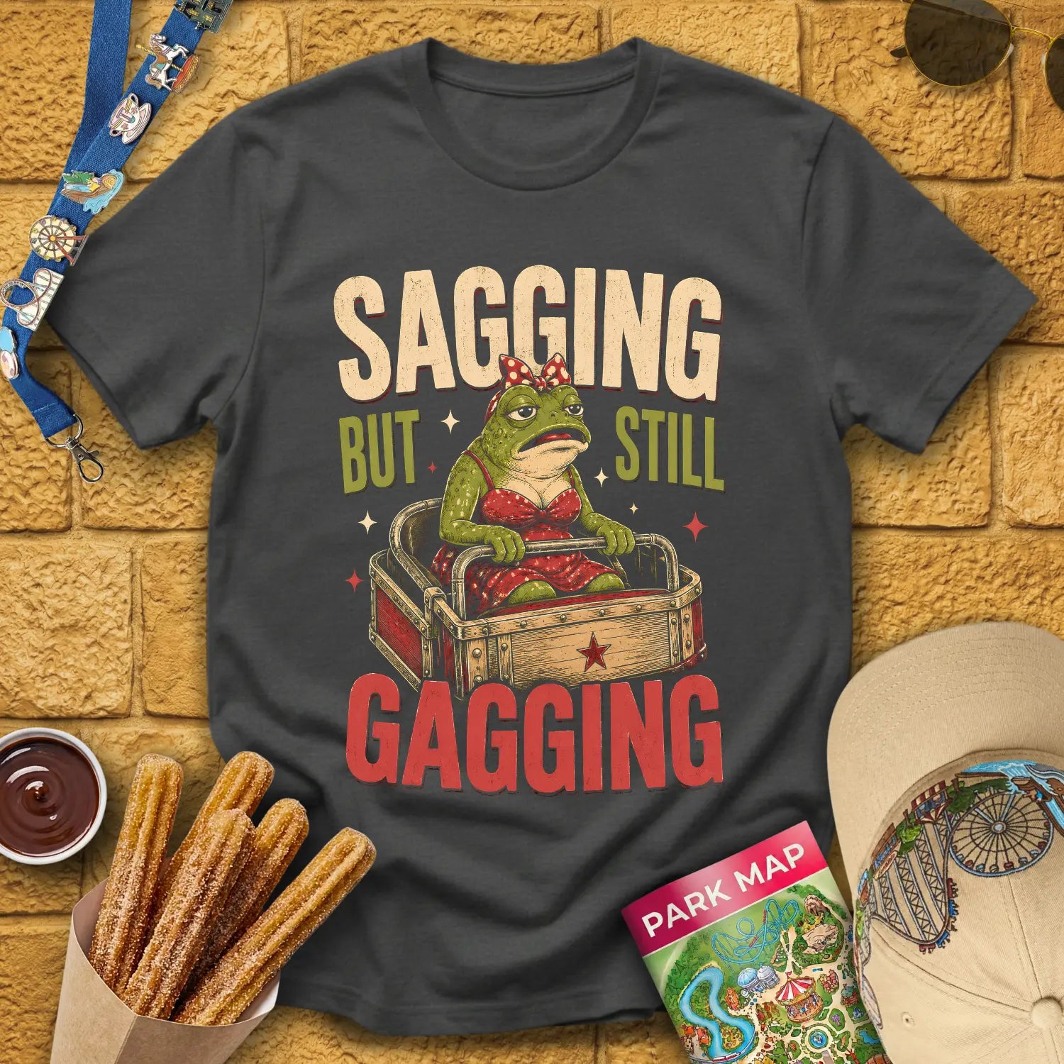 Sagging But Gagging [Etched] T-Shirt for Theme Park Fans (Dark Heather)