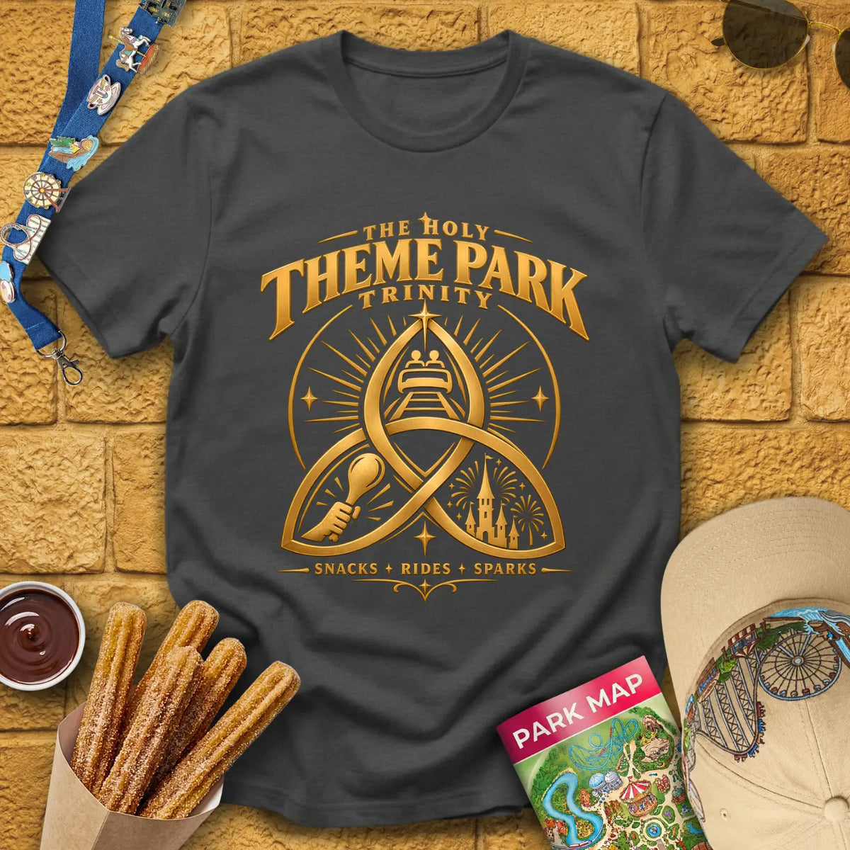 Theme Park Trinity [Golden] T-Shirt for Theme Park Fans (Dark Heather)