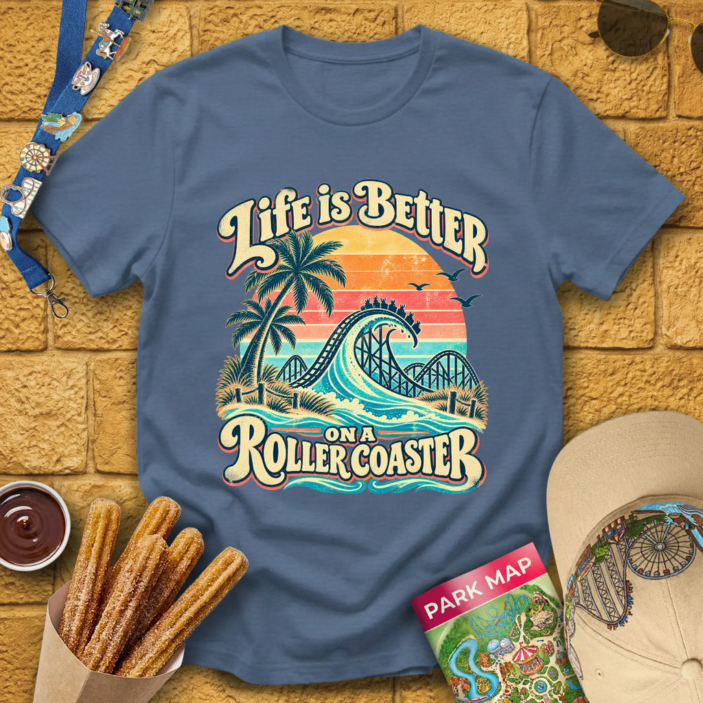 Life's Better On Coaster [Surfer] T-Shirt for Theme Park Fans (Heather Indigo)