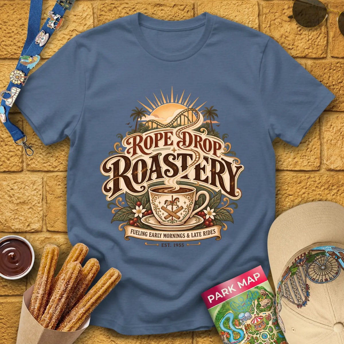 Rope Drop Roastery [Vintage] T-Shirt for Theme Park Fans (Heather Indigo)