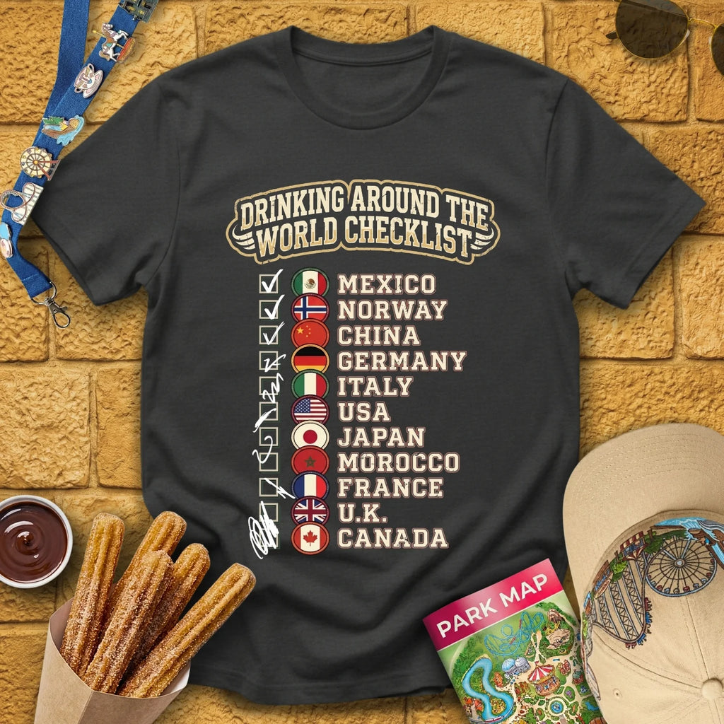 Drinking Checklist [College] T-Shirt for Theme Park Fans (Dark Heather Grey)