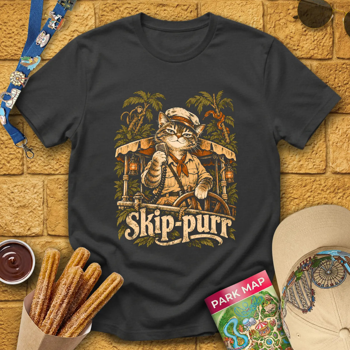 Skip-Purr Cat [Chalky] T-Shirt for Theme Park Fans (Dark Heather Grey)