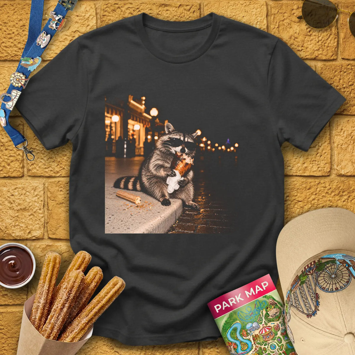 Turkey Leg Raccoon [Cinematic] T-Shirt for Theme Park Fans (Dark Heather Grey)