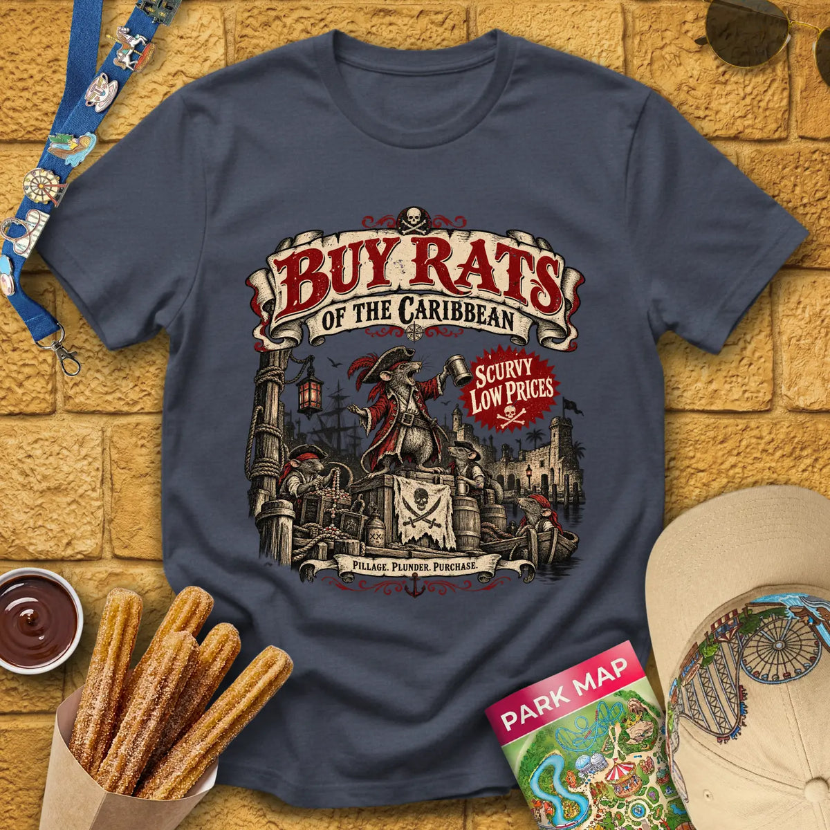 Buy Rats Caribbean [Poster] T-Shirt for Theme Park Fans (Heather Navy)