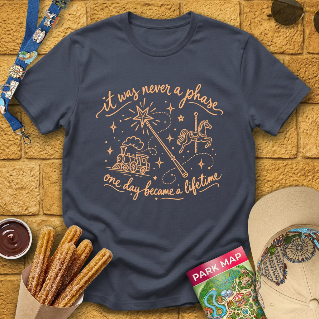Never A Phase [Doodle] T-Shirt for Theme Park Fans (Heather Navy)