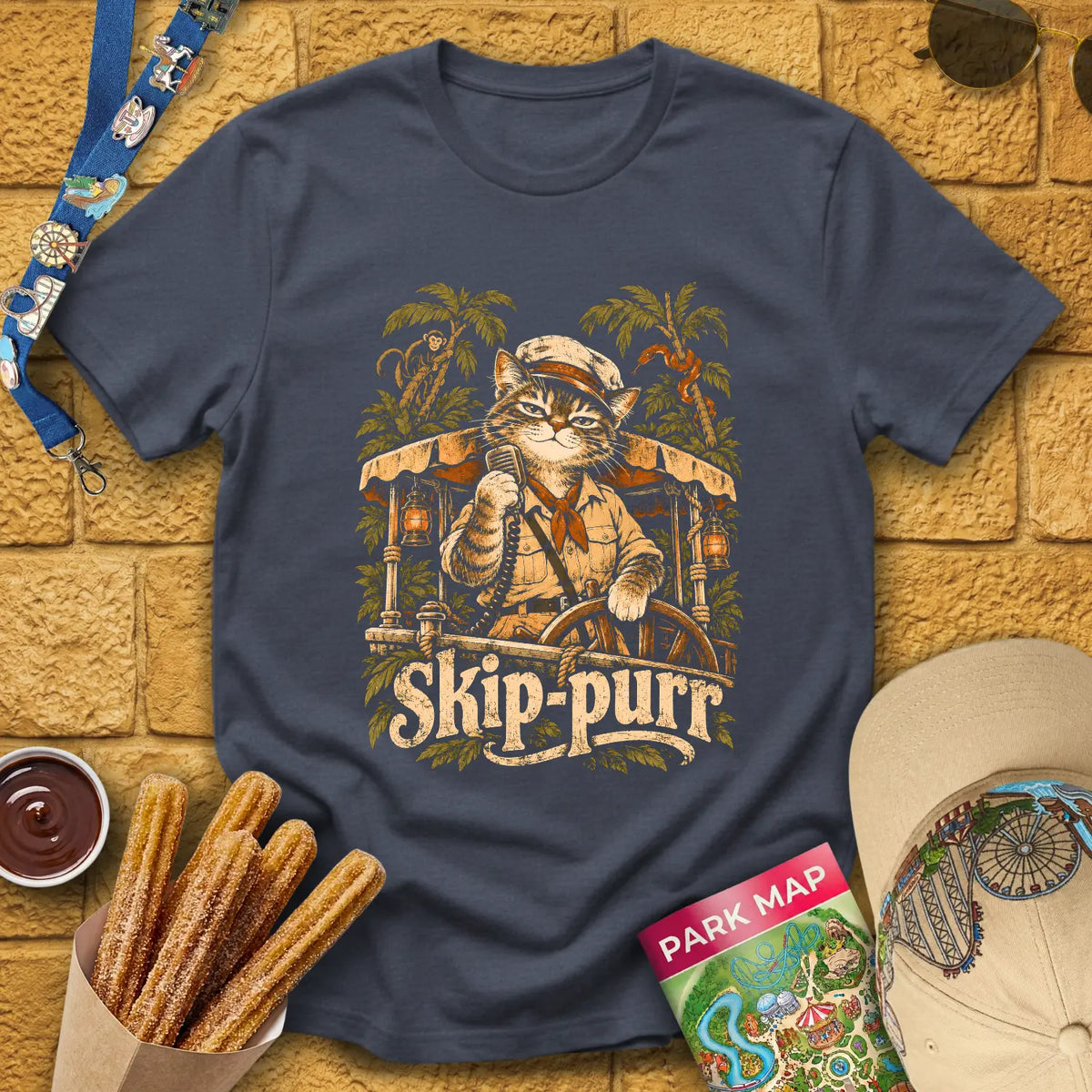 Skip-Purr Cat [Chalky] T-Shirt for Theme Park Fans (Heather Navy)