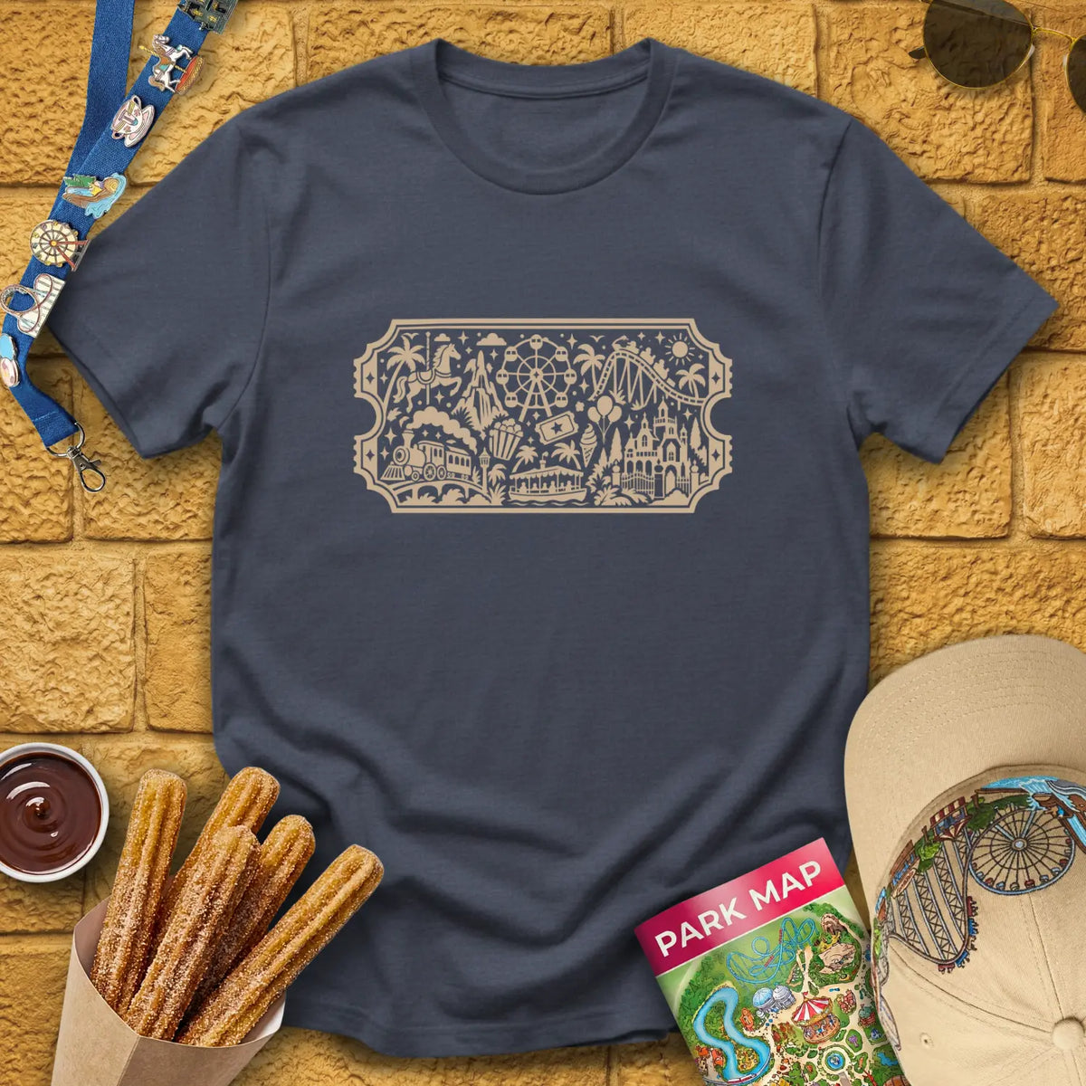 Theme Park Ticket [Doodle] T-Shirt for Theme Park Fans (Heather Navy)